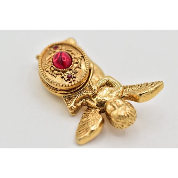 Vatican Library Vintage Angel Cherub Locket Pin Brooch Red Cabochon Signed BinBI - Picture 7 of 12